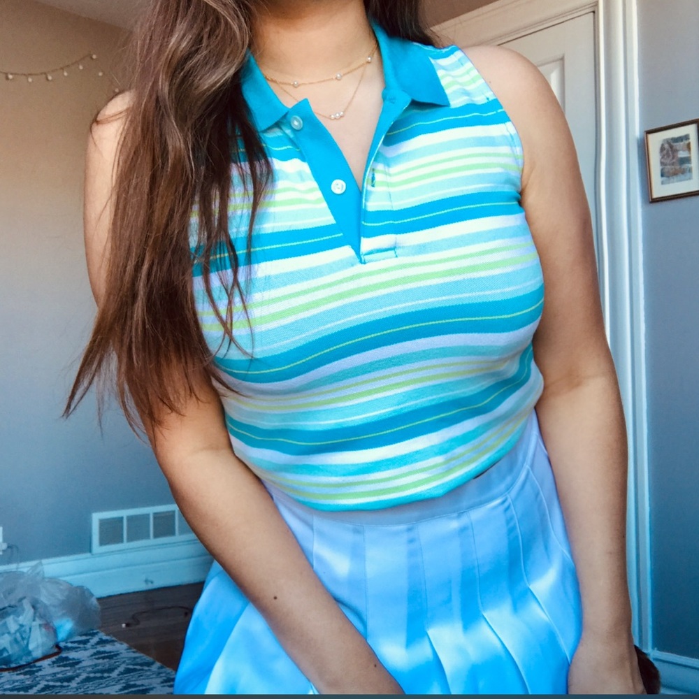 Vintage Trendy Blue and Green Striped Polo